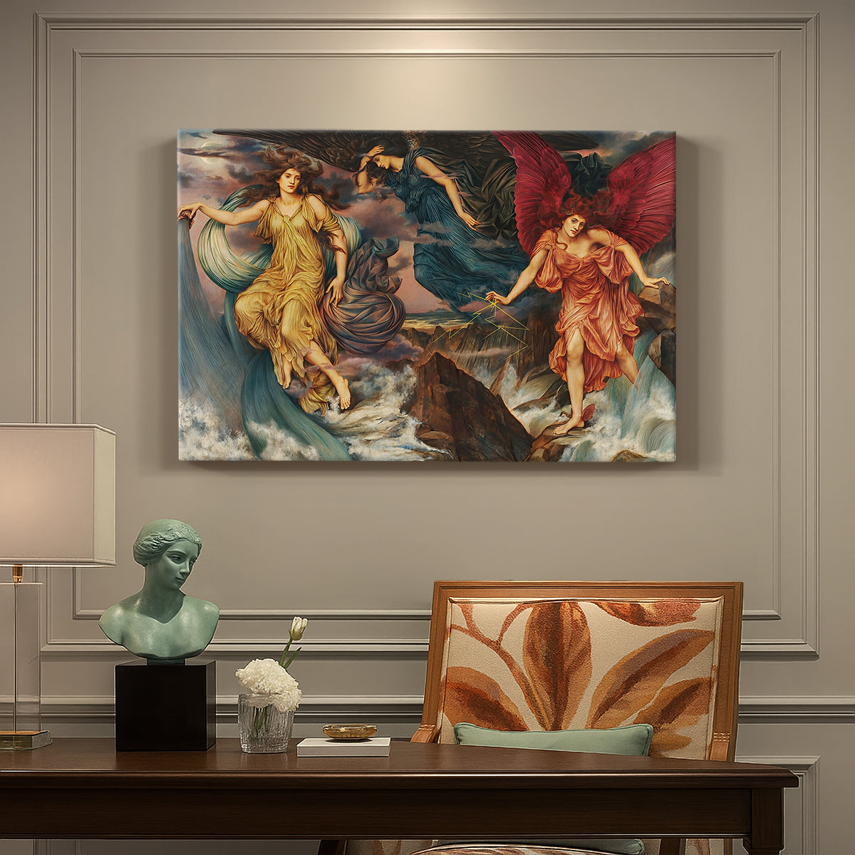 Canvas art print featuring multiple figures swirling through sky representing storm forces in motion, presented within a refined interior setting