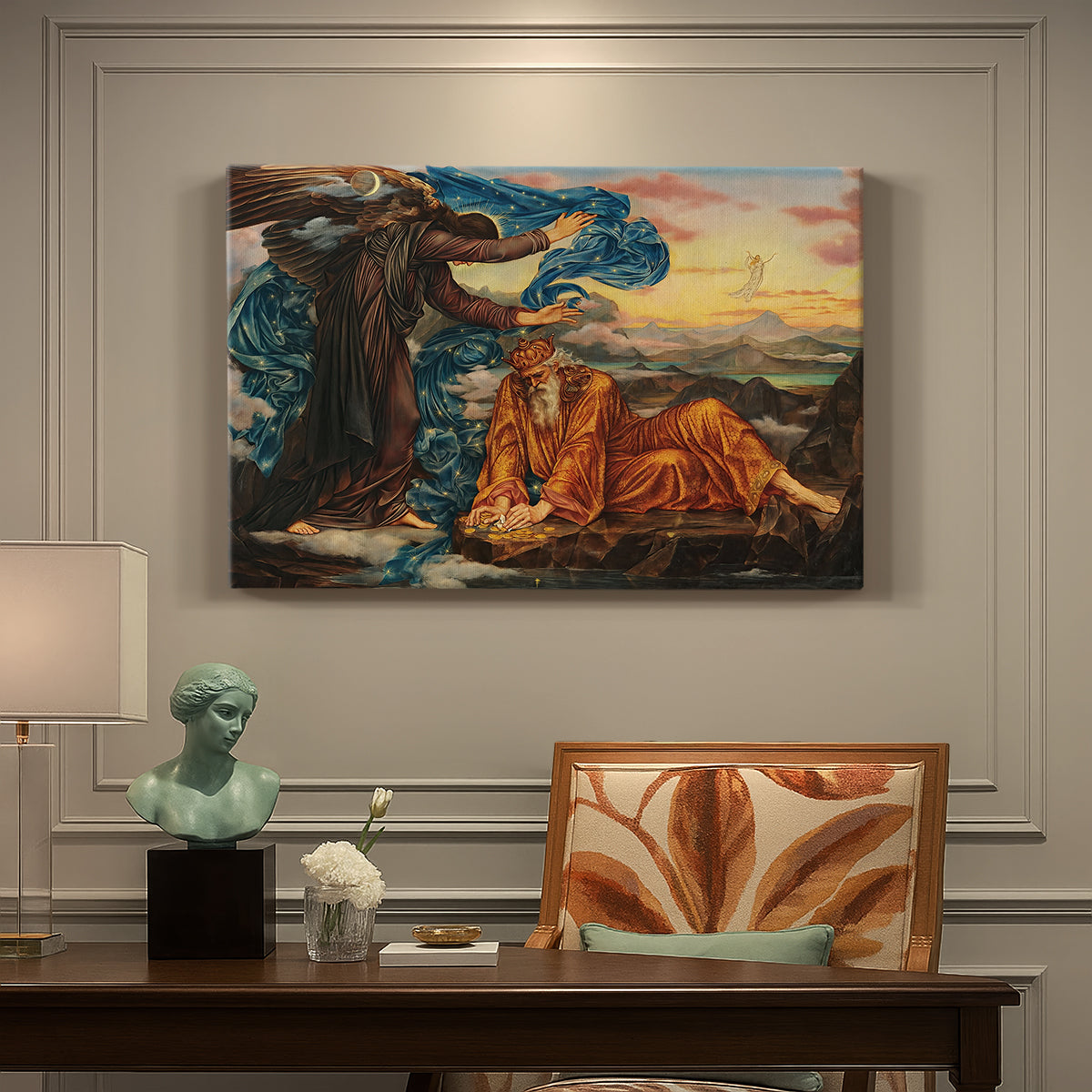 Canvas art print featuring a reclining female figure surrounded by symbolic elements in dreamlike setting, presented within a refined interior setting