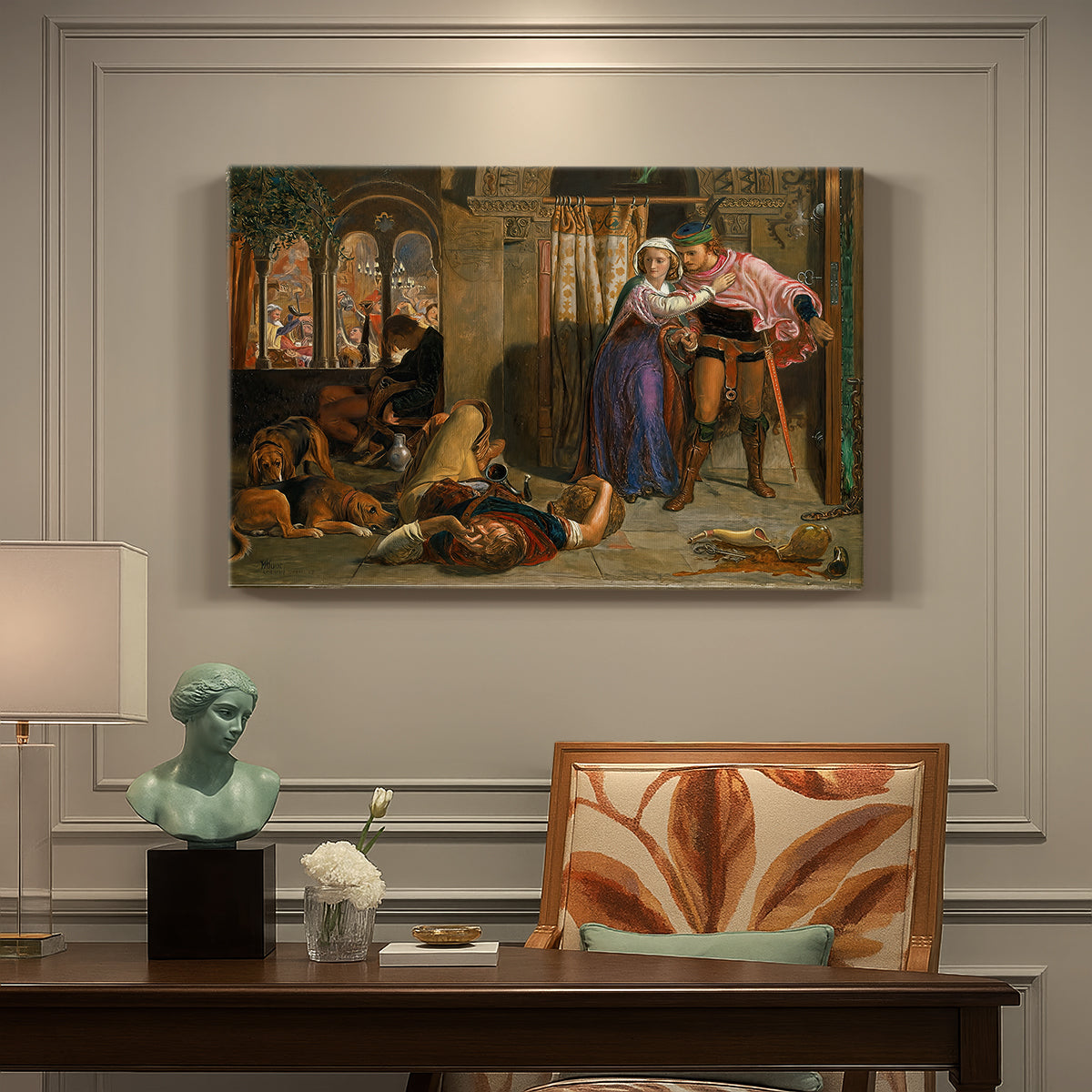 Canvas art print featuring a couple moving through dim interior space with draped fabrics and candlelight, presented within a refined interior setting