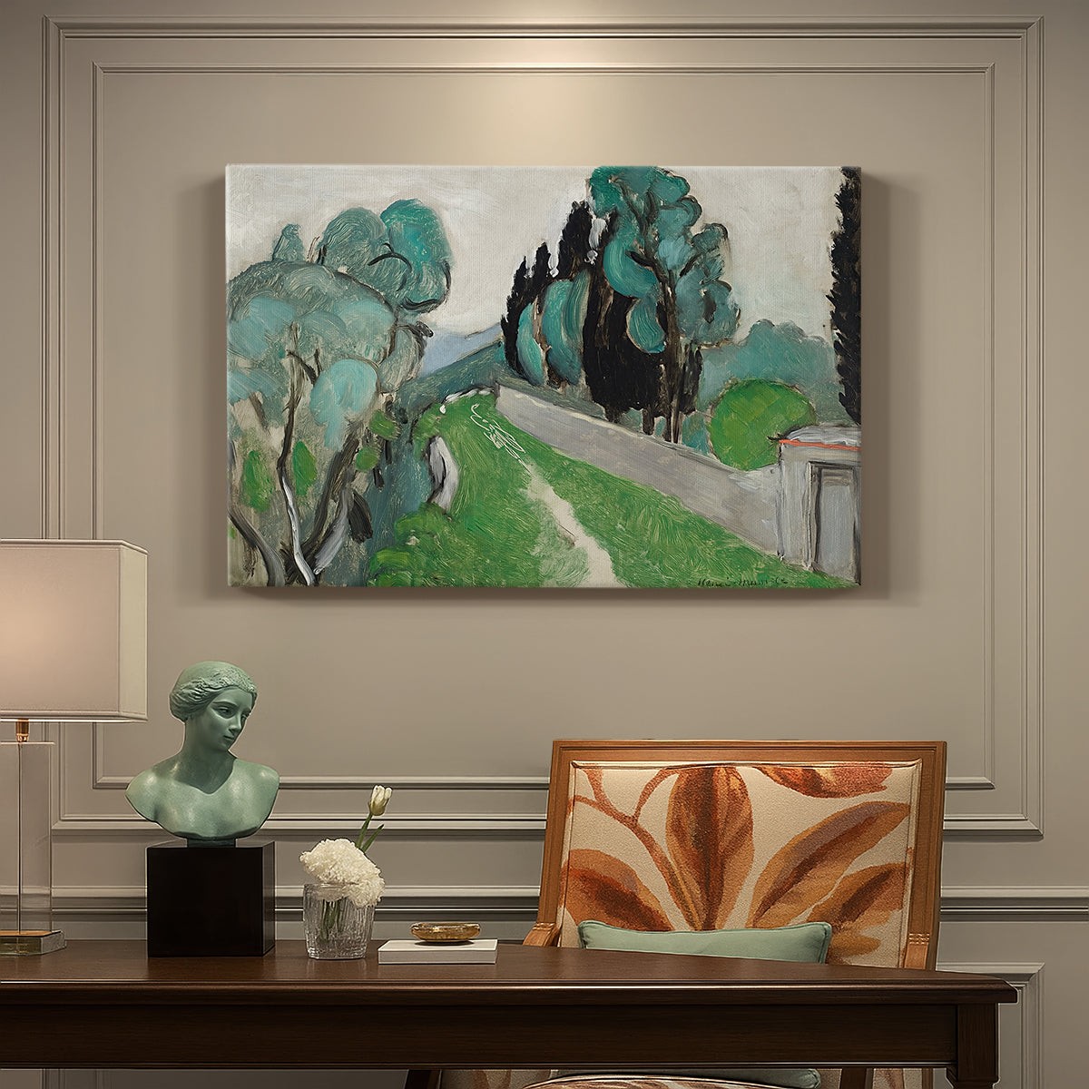 Canvas art print featuring a Mediterranean landscape with cypresses, olive trees, and rolling terrain, presented within a refined interior setting