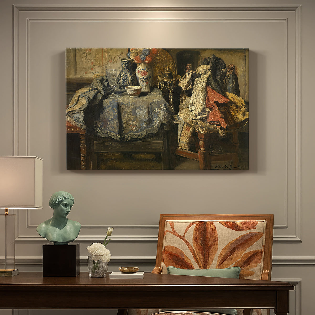 Canvas art print featuring an assortment of objects arranged on table in detailed still life composition, presented within a refined interior setting