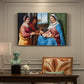 Canvas art print featuring a group of figures seated together in calm religious setting with soft landscape background, presented within a refined interior setting