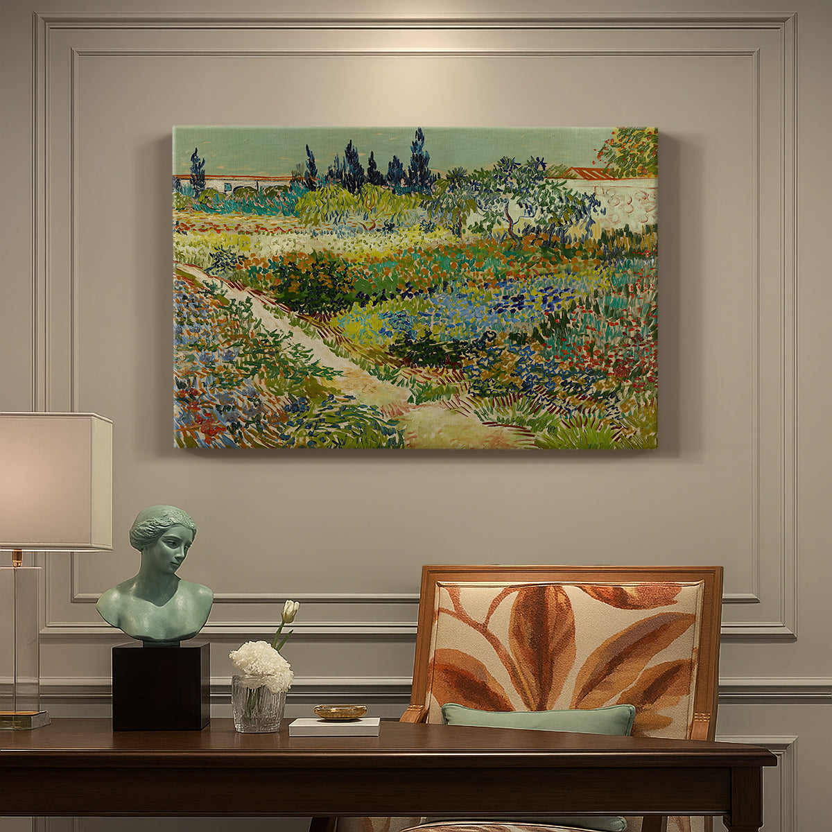 Canvas art print featuring a lush garden filled with plants and flowers arranged in bright sunlight, presented within a refined interior setting