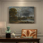 Canvas art print featuring a cathedral viewed across meadow with water, presented within a refined interior setting