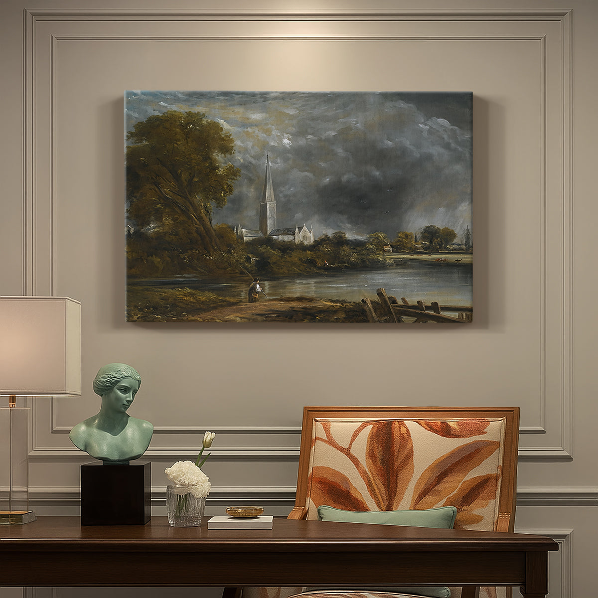 Canvas art print featuring a cathedral viewed across meadow with water, presented within a refined interior setting