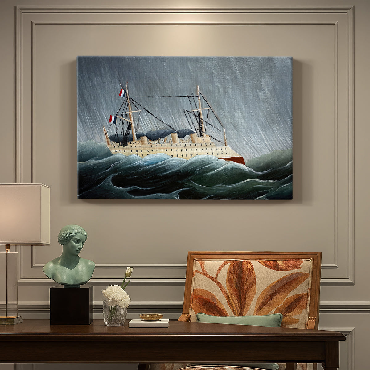 Canvas art print featuring a sailing ship tossed by large waves under dark stormy sky, presented within a refined interior setting