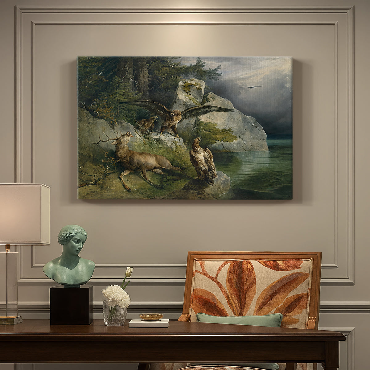 Canvas art print featuring eagles attacking stag near lake, presented within a refined interior setting