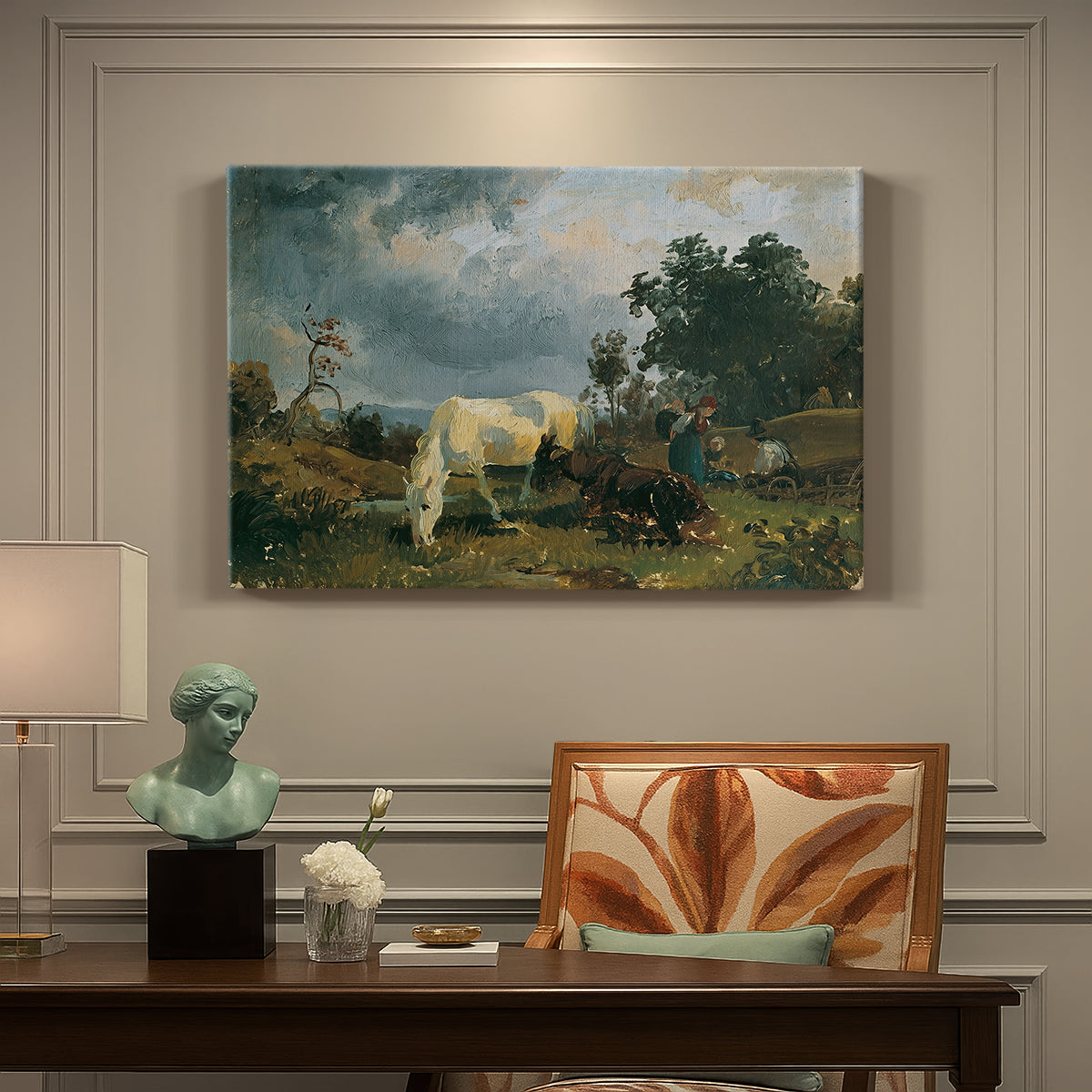 Canvas art print featuring grazing livestock resting in open heath landscape, presented within a refined interior setting