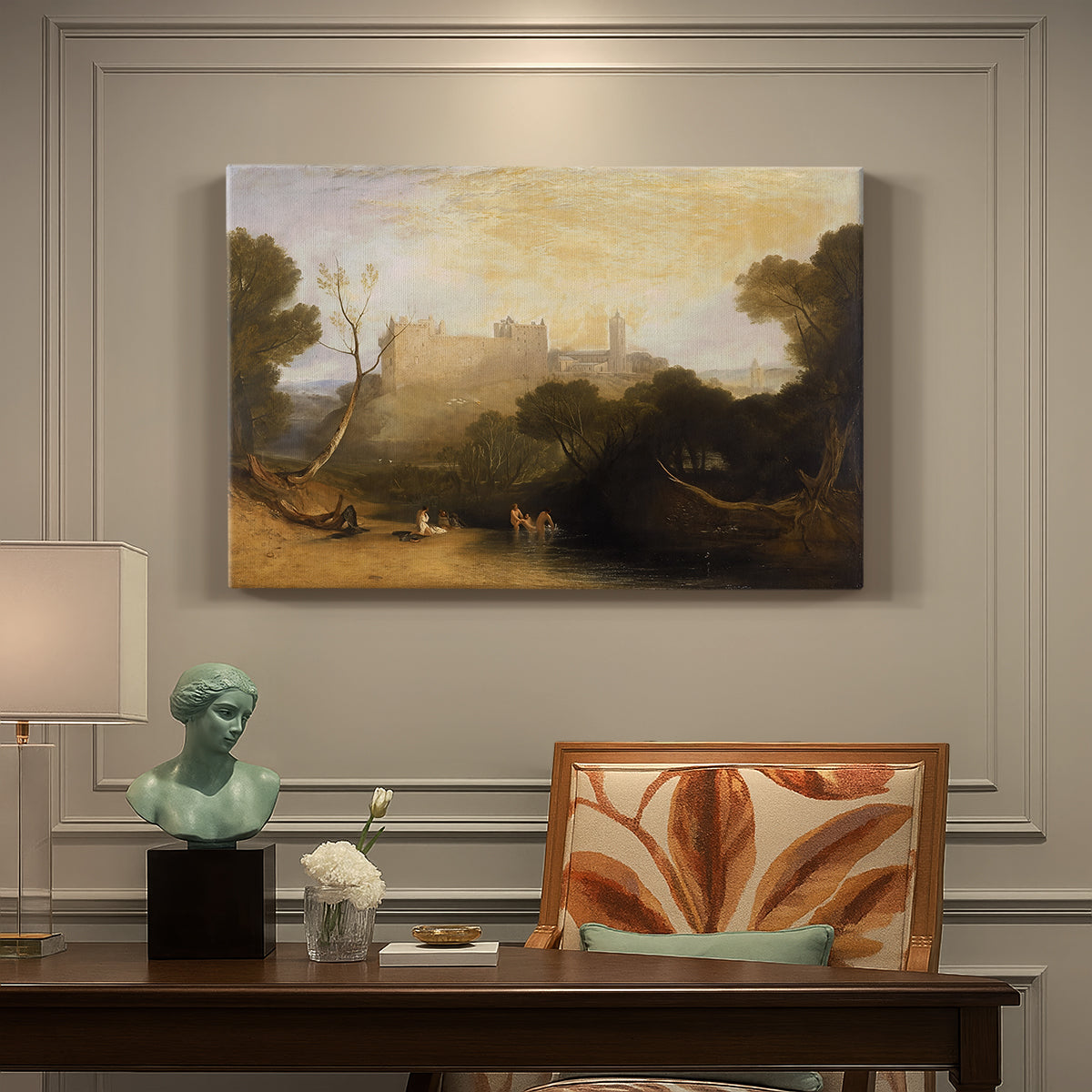 Canvas art print featuring a historic palace set within landscape with water and surrounding terrain, presented within a refined interior setting