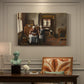Canvas art print featuring a group gathered around table sharing meal in warm interior setting, presented within a refined interior setting