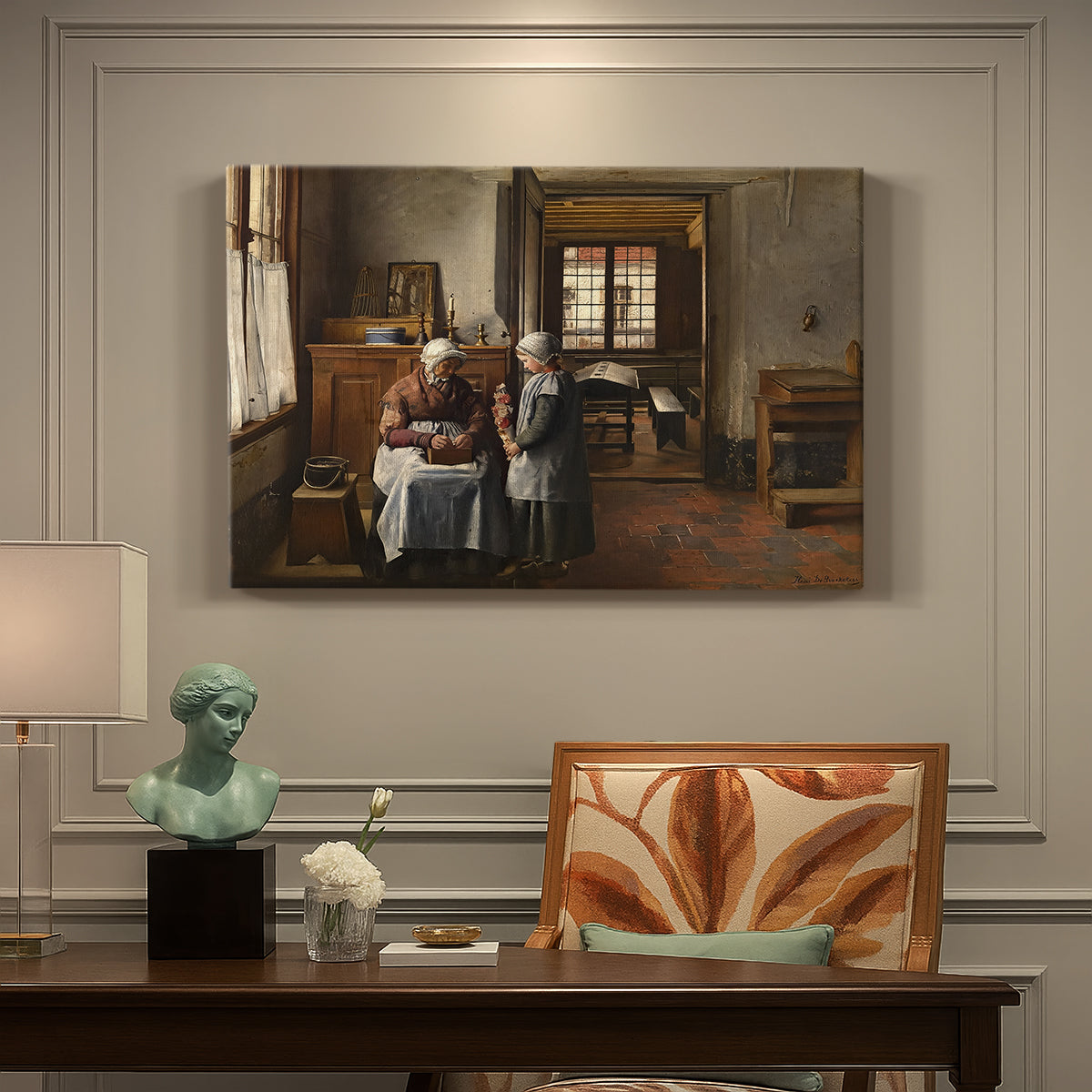 Canvas art print featuring a group gathered around table sharing meal in warm interior setting, presented within a refined interior setting