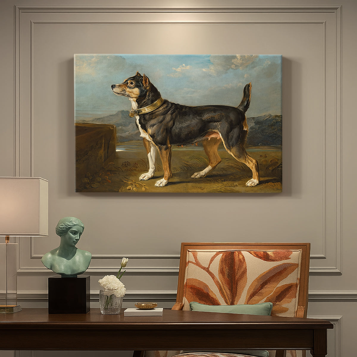 Canvas art print featuring a small terrier standing alert in open countryside landscape, presented within a refined interior setting
