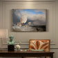 Canvas art print featuring fishing boats docked near shore with figures bargaining for fish in coastal setting, presented within a refined interior setting