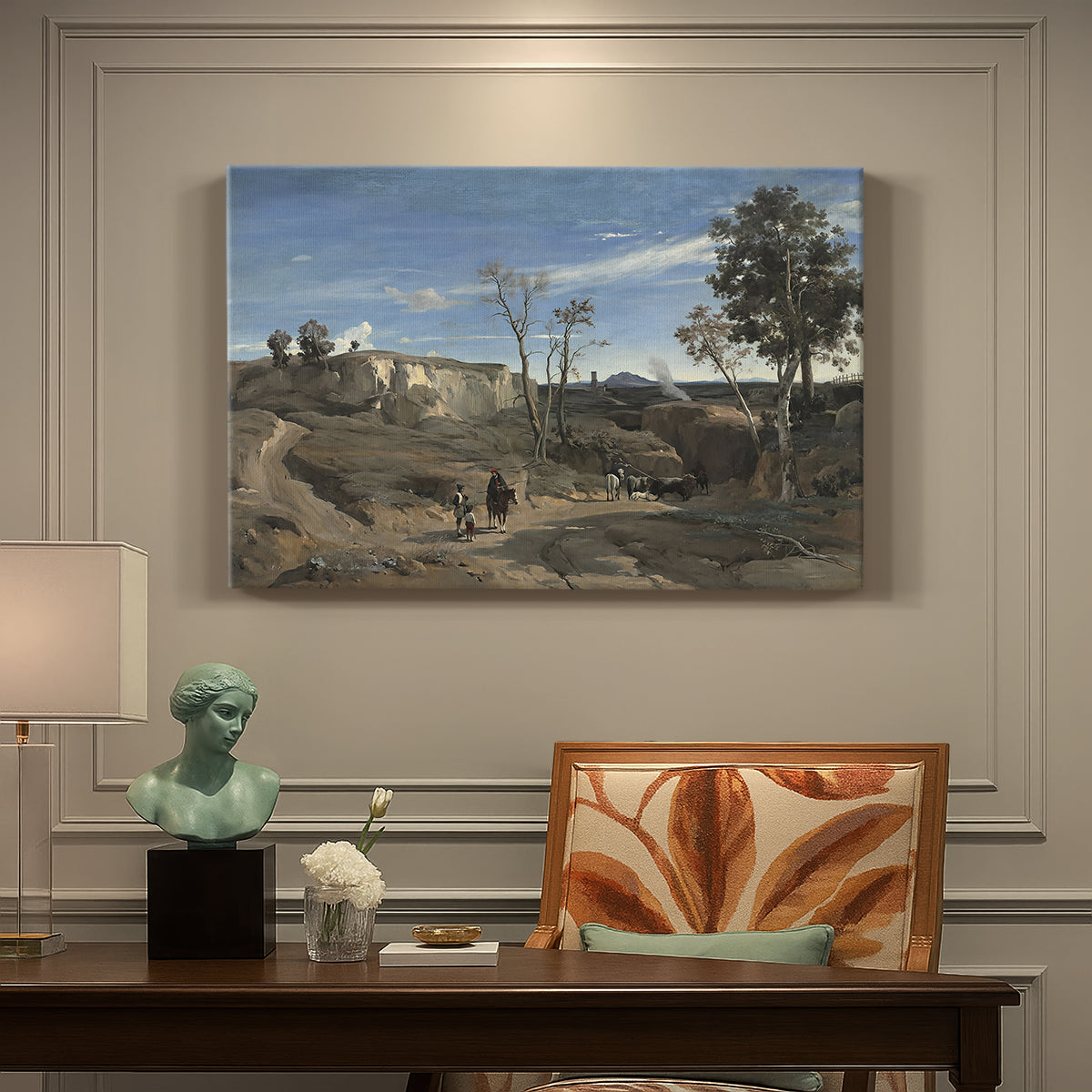 Canvas art print featuring an open landscape of Roman countryside with trees and distant terrain under soft sky, presented within a refined interior setting
