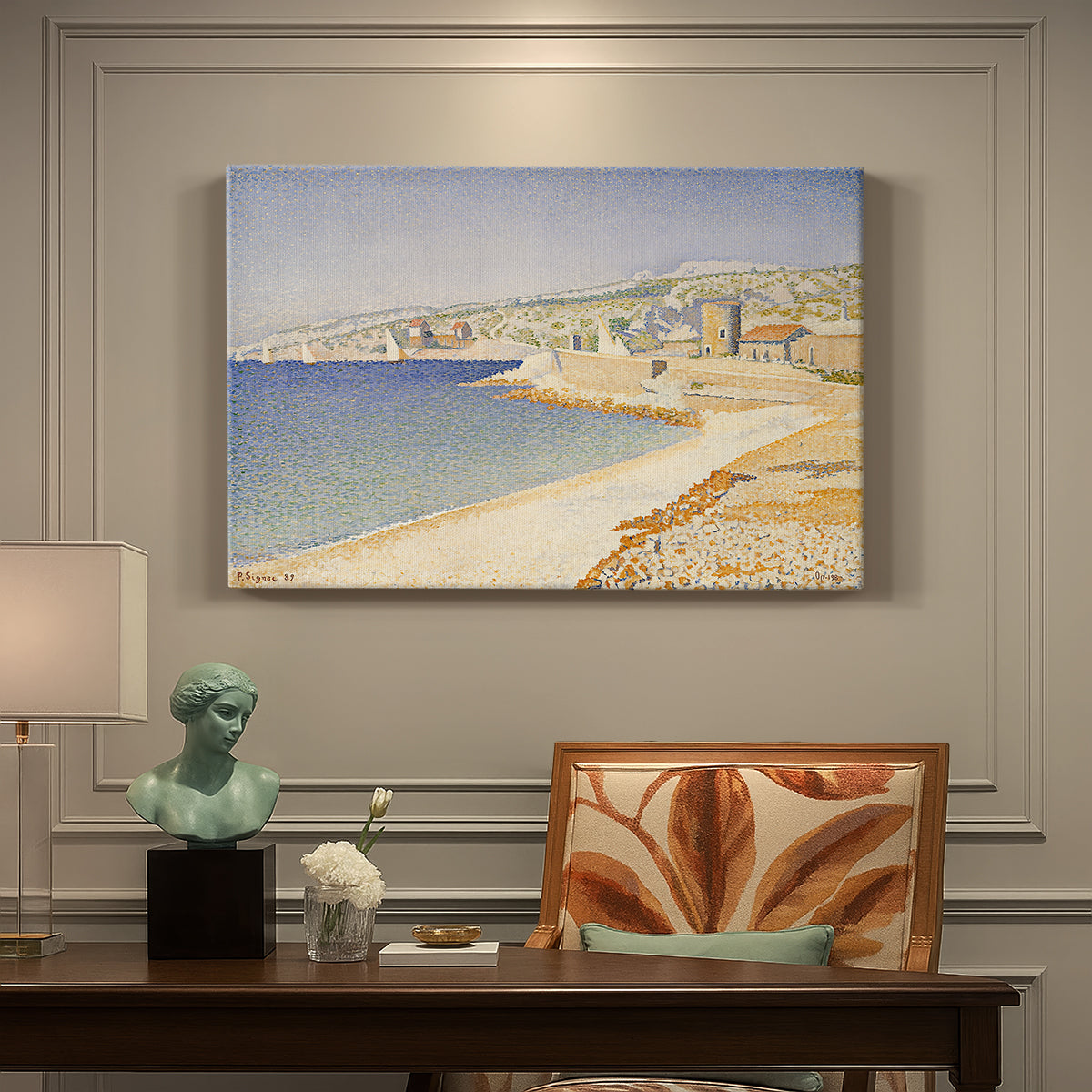 Canvas art print featuring a jetty extending into coastal water, presented within a refined interior setting