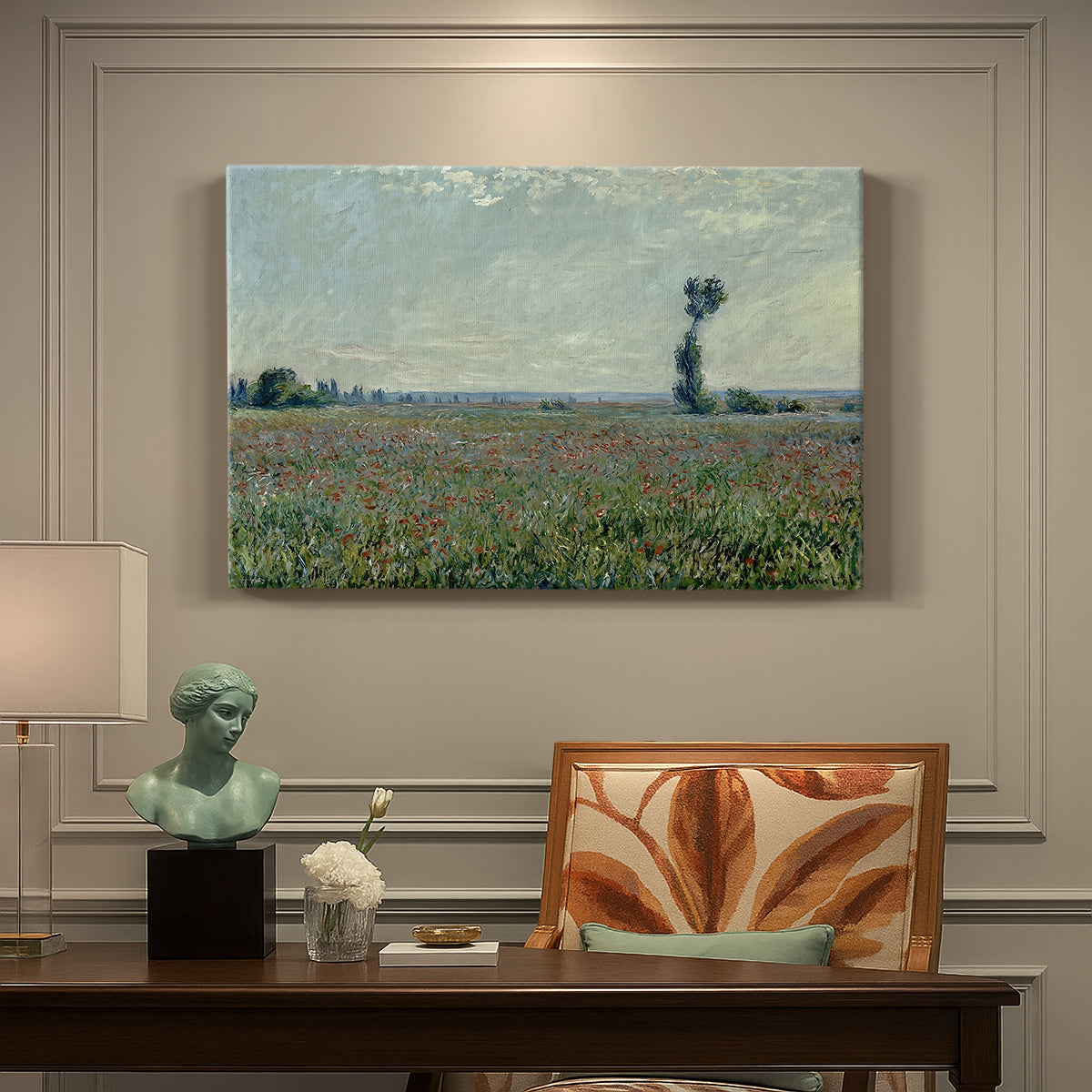 Canvas art print featuring a wide field of red poppies stretching across countryside under open sky, presented within a refined interior setting