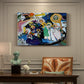 Canvas art print featuring a dense abstract composition with figures and forms suggested through bold color contrasts, presented within a refined interior setting