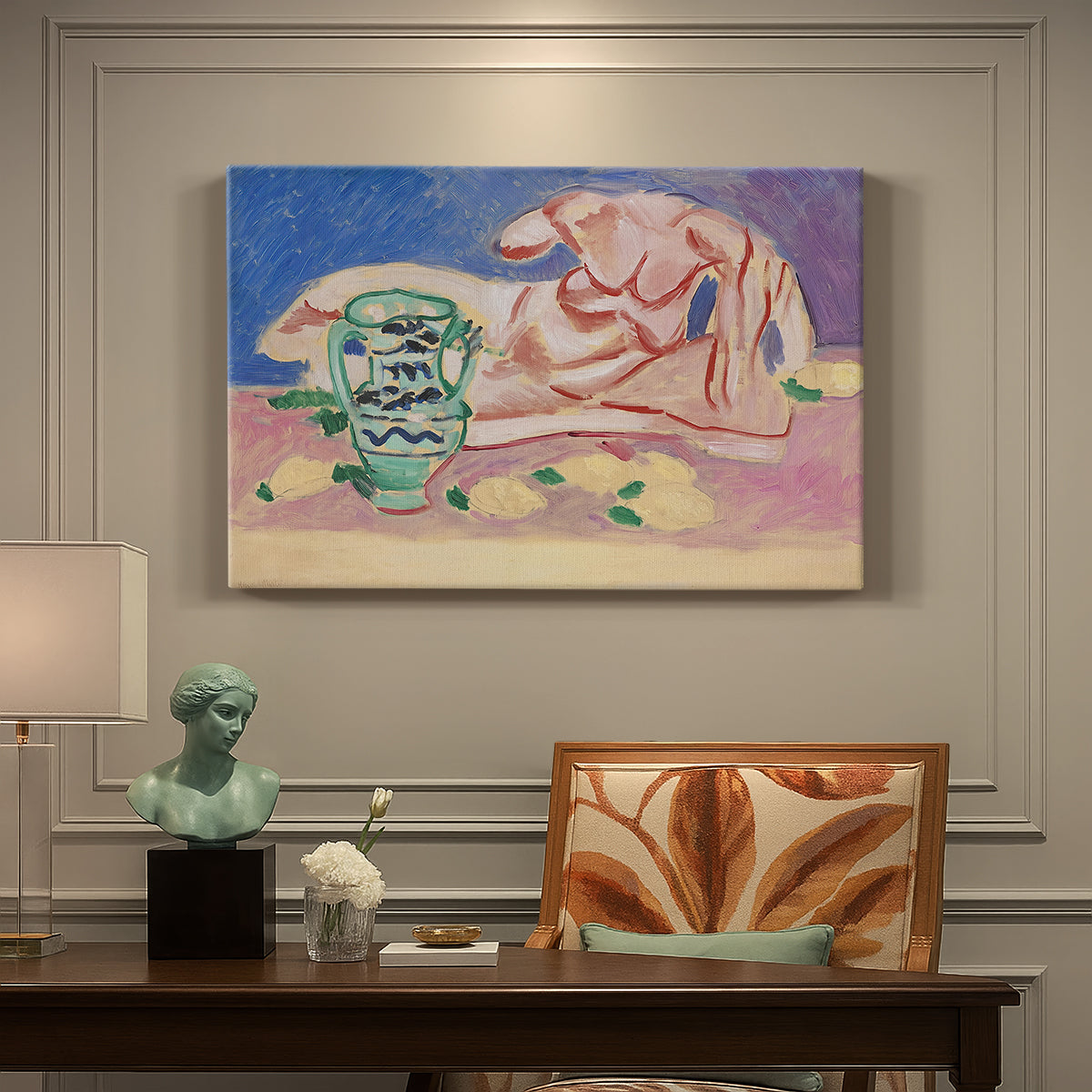 Canvas art print featuring a reclining classical figure rendered in a stylized modern composition, presented within a refined interior setting