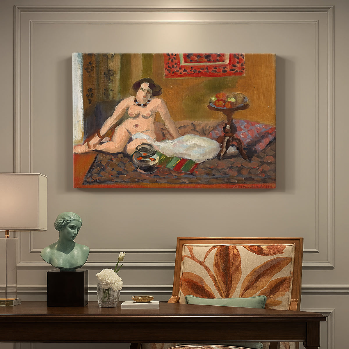 Canvas art print featuring a reclining nude figure beside bowl of goldfish in colorful interior, presented within a refined interior setting