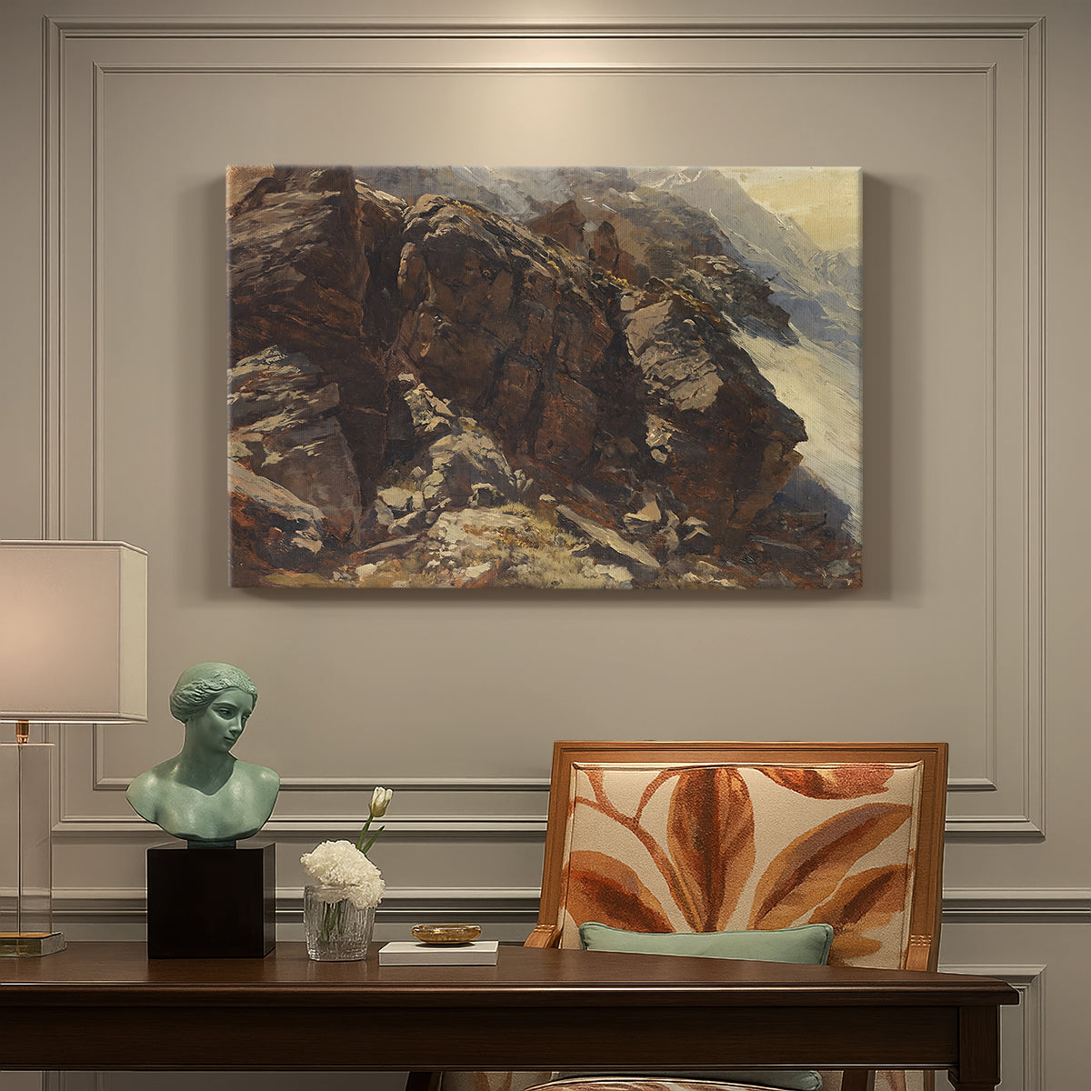 Canvas art print featuring a rocky alpine terrain with steep slopes and distant mountain peaks, presented within a refined interior setting