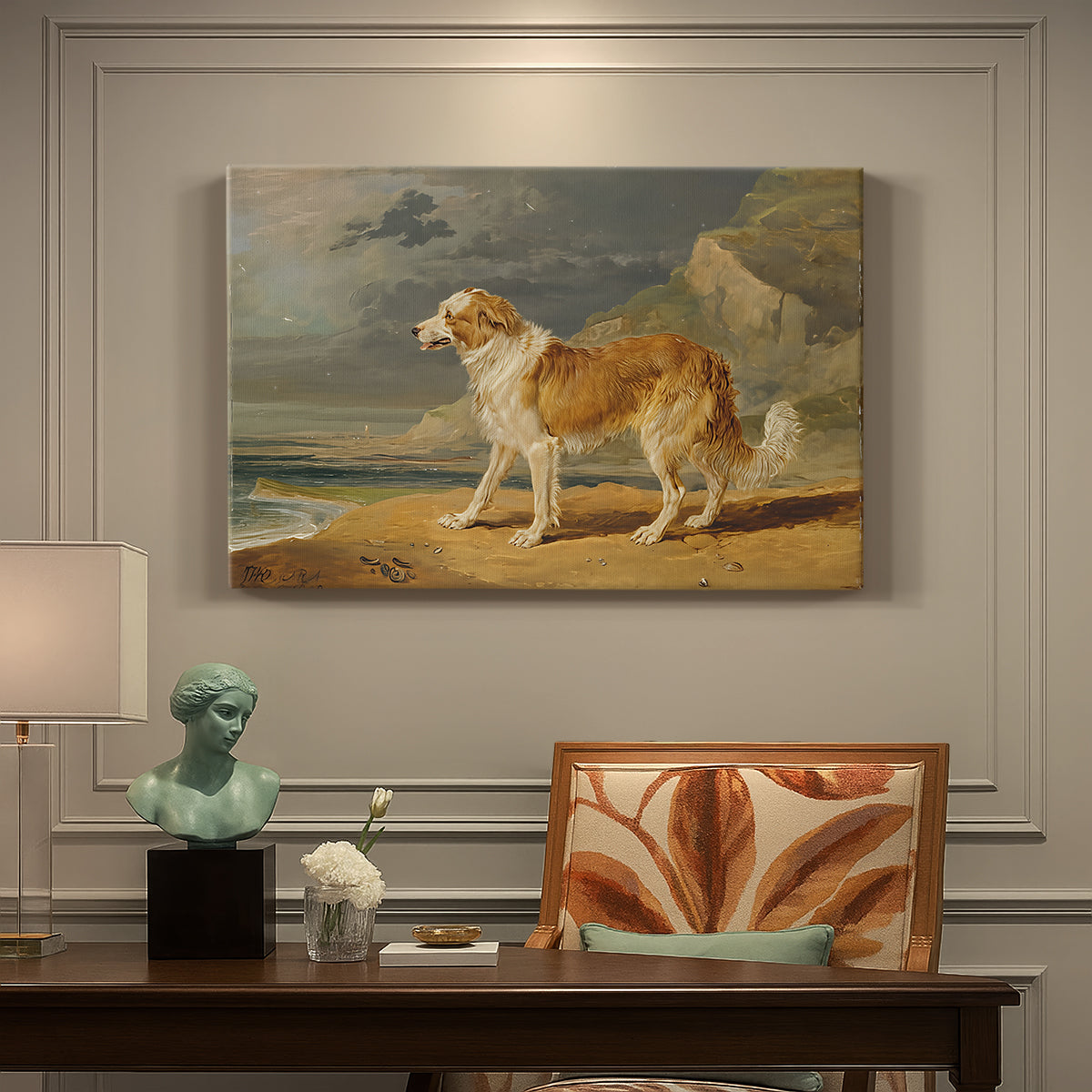 Canvas art print featuring a collie dog standing alert in open landscape, presented within a refined interior setting