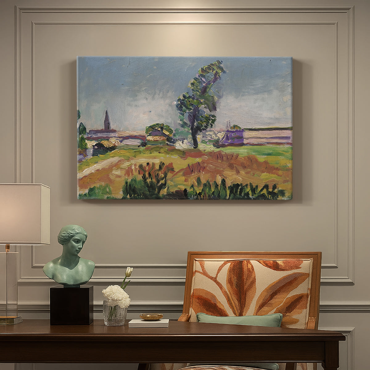 Canvas art print featuring a bridge spanning a river in a quiet landscape with trees and open sky, presented within a refined interior setting