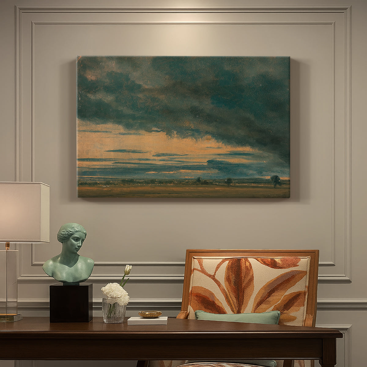 Canvas art print featuring an expansive sky filled with layered cloud formations, presented within a refined interior setting