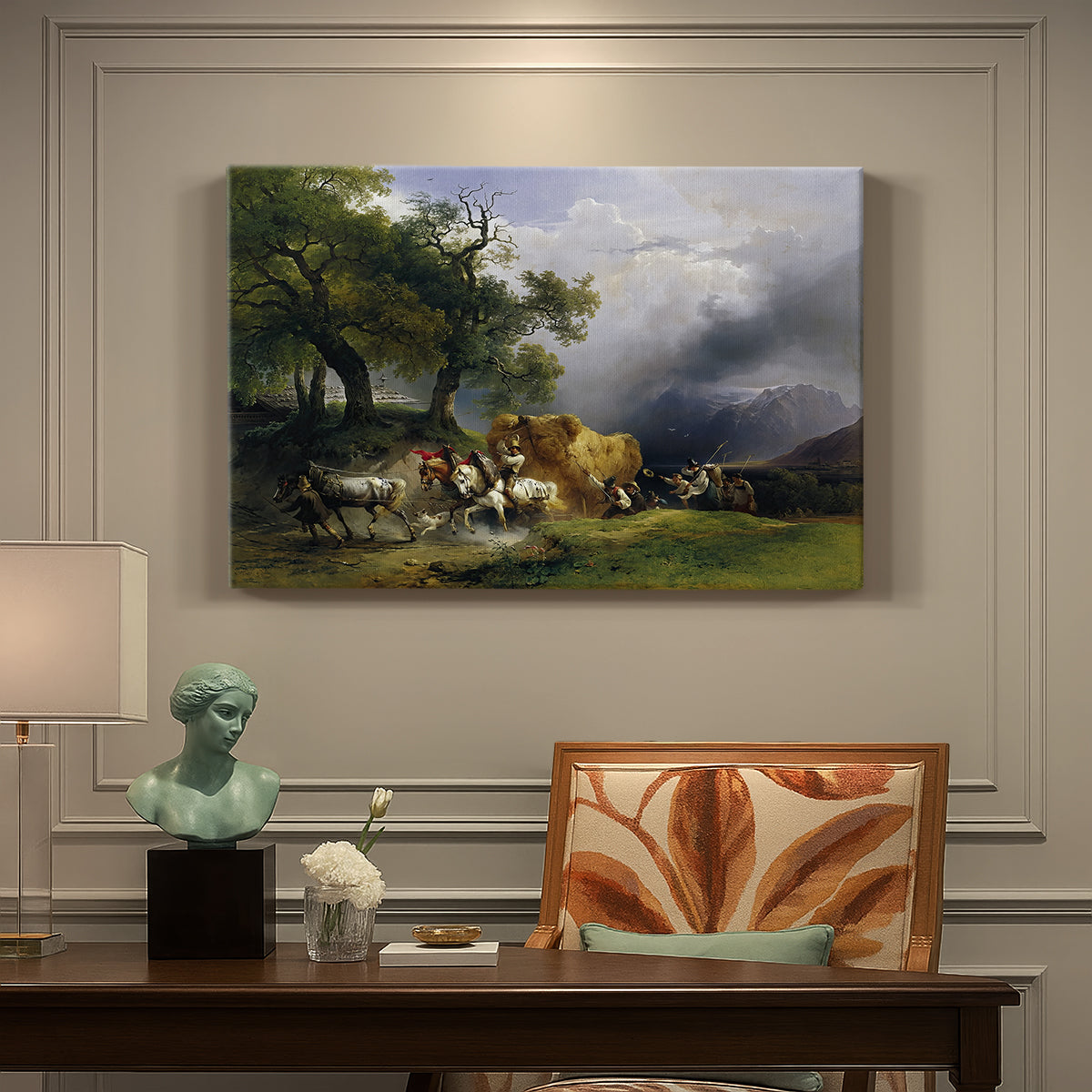 Canvas art print featuring a wagon loaded with hay moving through countryside, presented within a refined interior setting