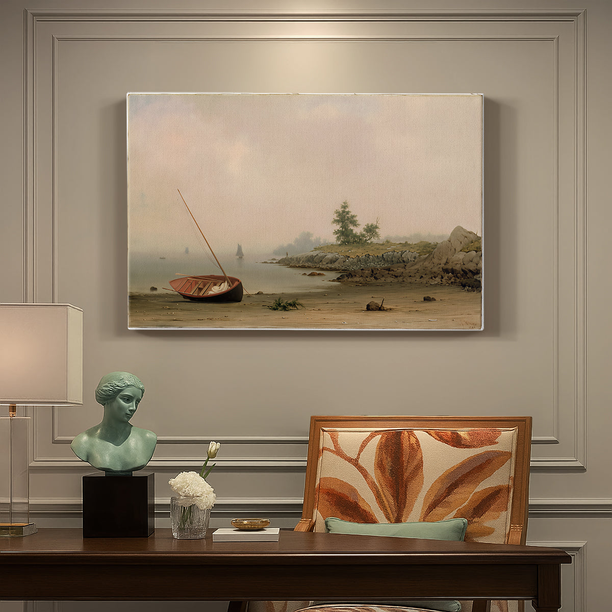 Canvas art print featuring a small boat resting on shoreline beside calm water and open sky, presented within a refined interior setting