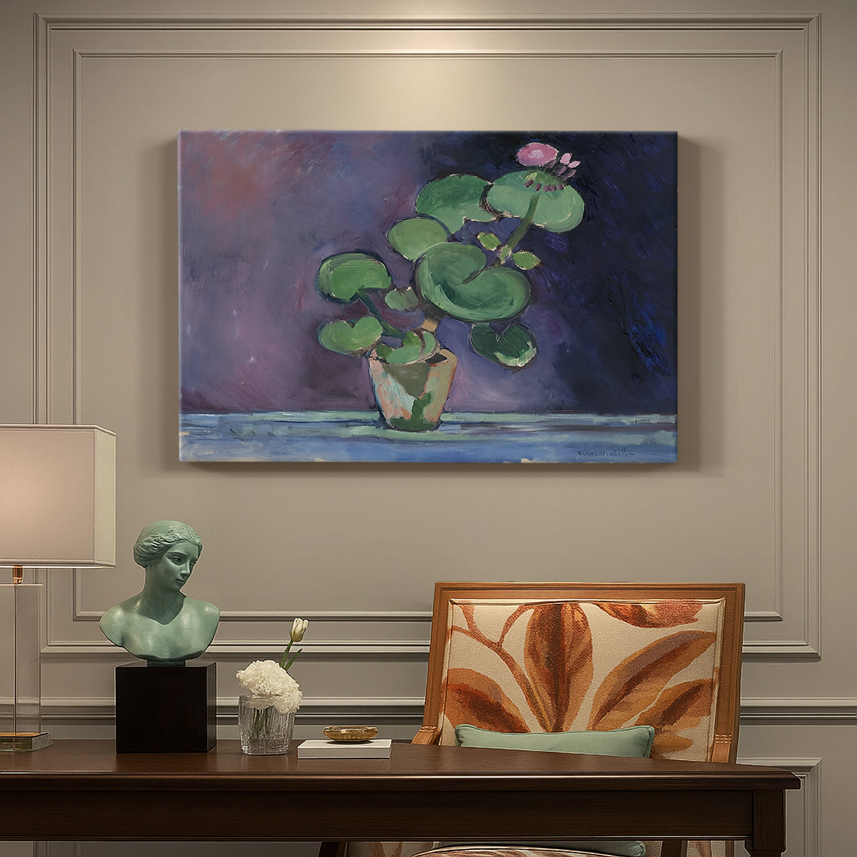 Canvas art print featuring a potted geranium with green leaves and blossoms against a dark background, presented within a refined interior setting