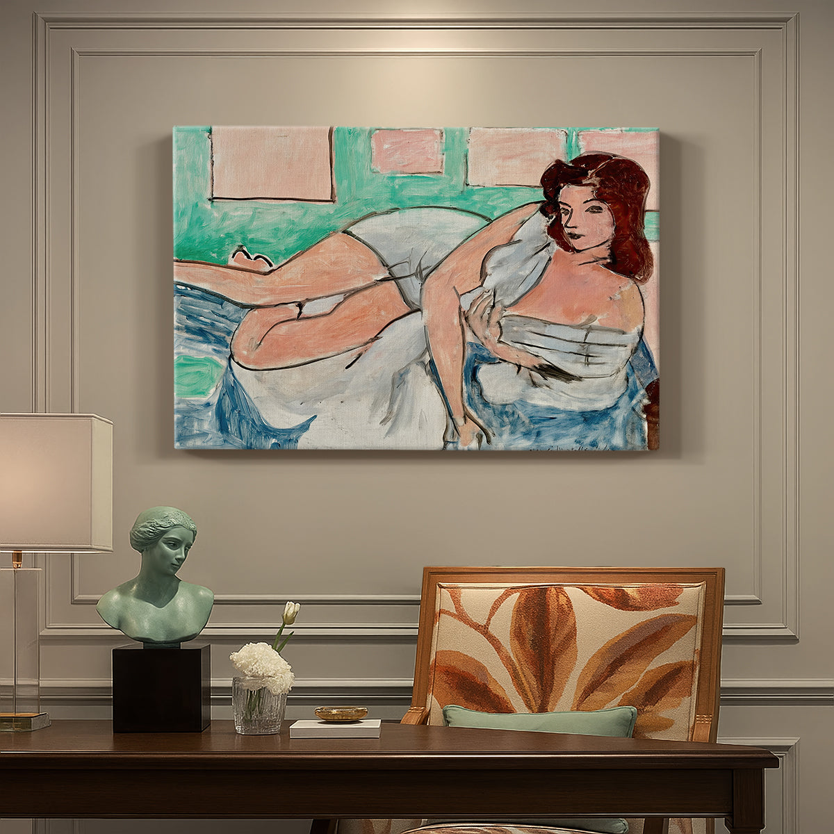 Canvas art print featuring a reclining nude wearing a bathrobe in a colorful interior, presented within a refined interior setting
