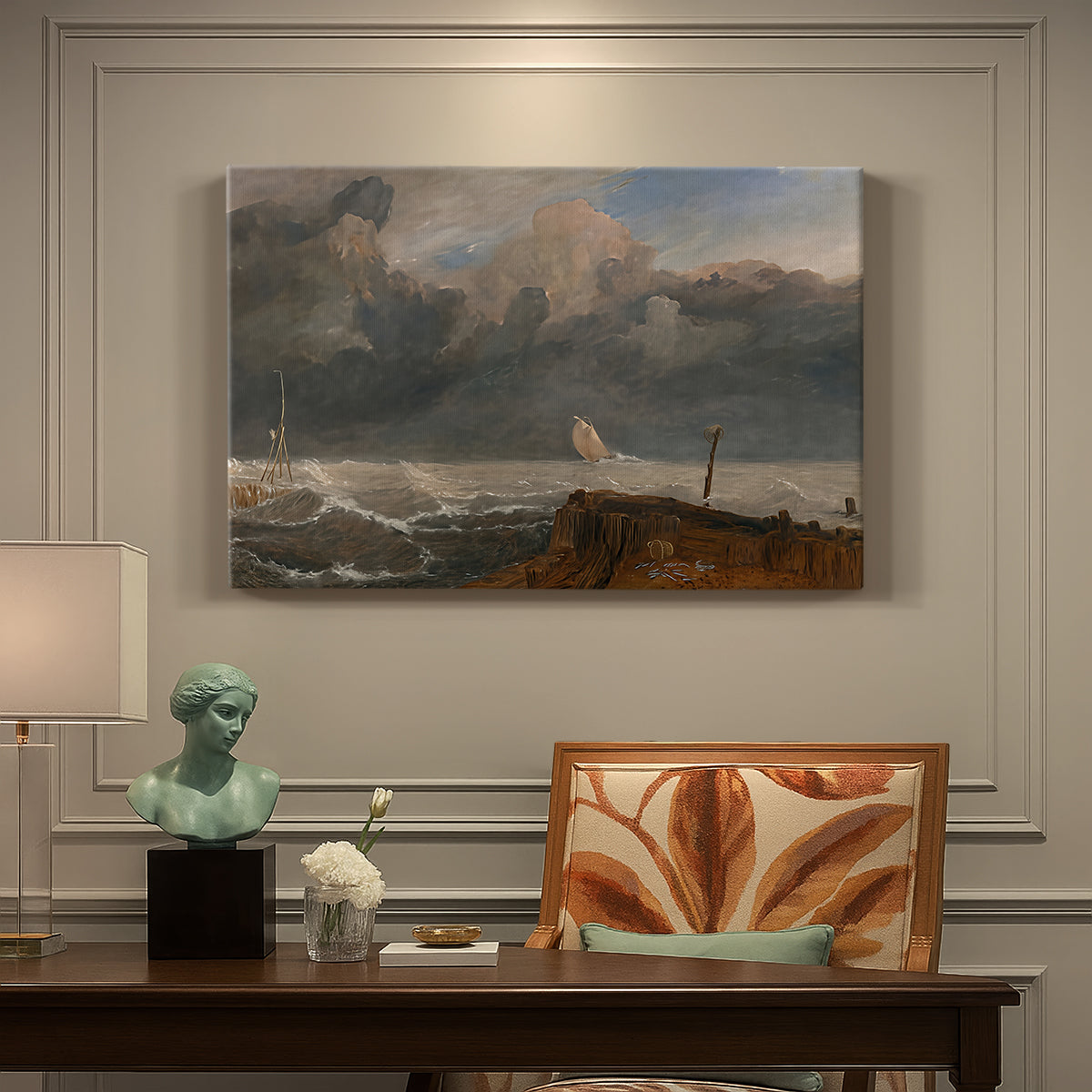 Canvas art print featuring a harbor scene with boats and waterfront structures, presented within a refined interior setting