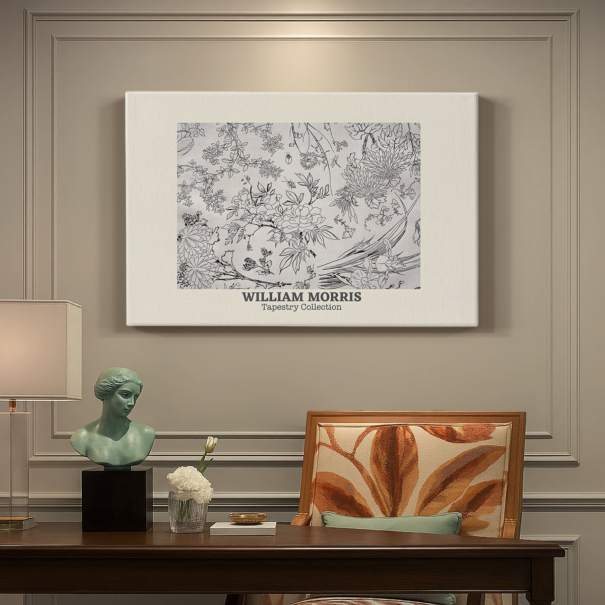 Canvas art print featuring a repeating floral pattern with delicate linework and evenly spaced blossoms, presented within a refined interior setting