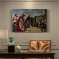 Canvas art print featuring a family group standing in reverent pose before sacred relic in formal interior, presented within a refined interior setting