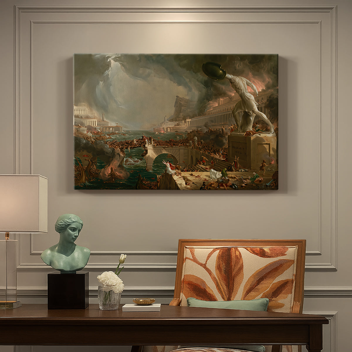 Canvas art print featuring a city in chaos with burning buildings and collapsing structures during attack, presented within a refined interior setting