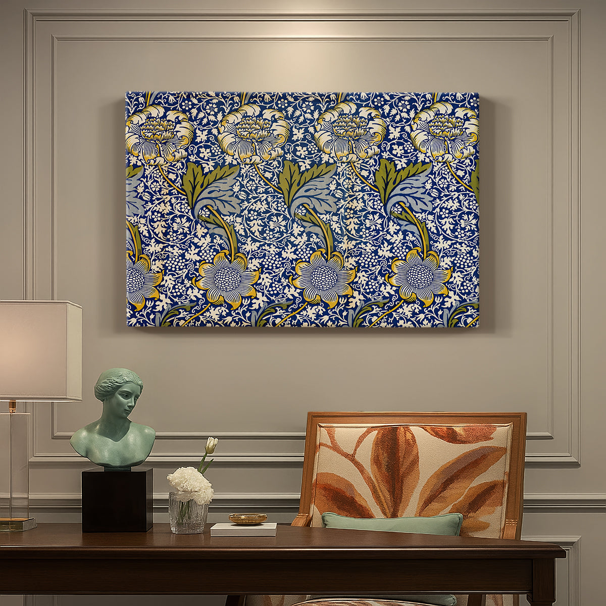 Canvas art print featuring a repeating pattern of birds and plants intertwined in dense decorative layout, presented within a refined interior setting