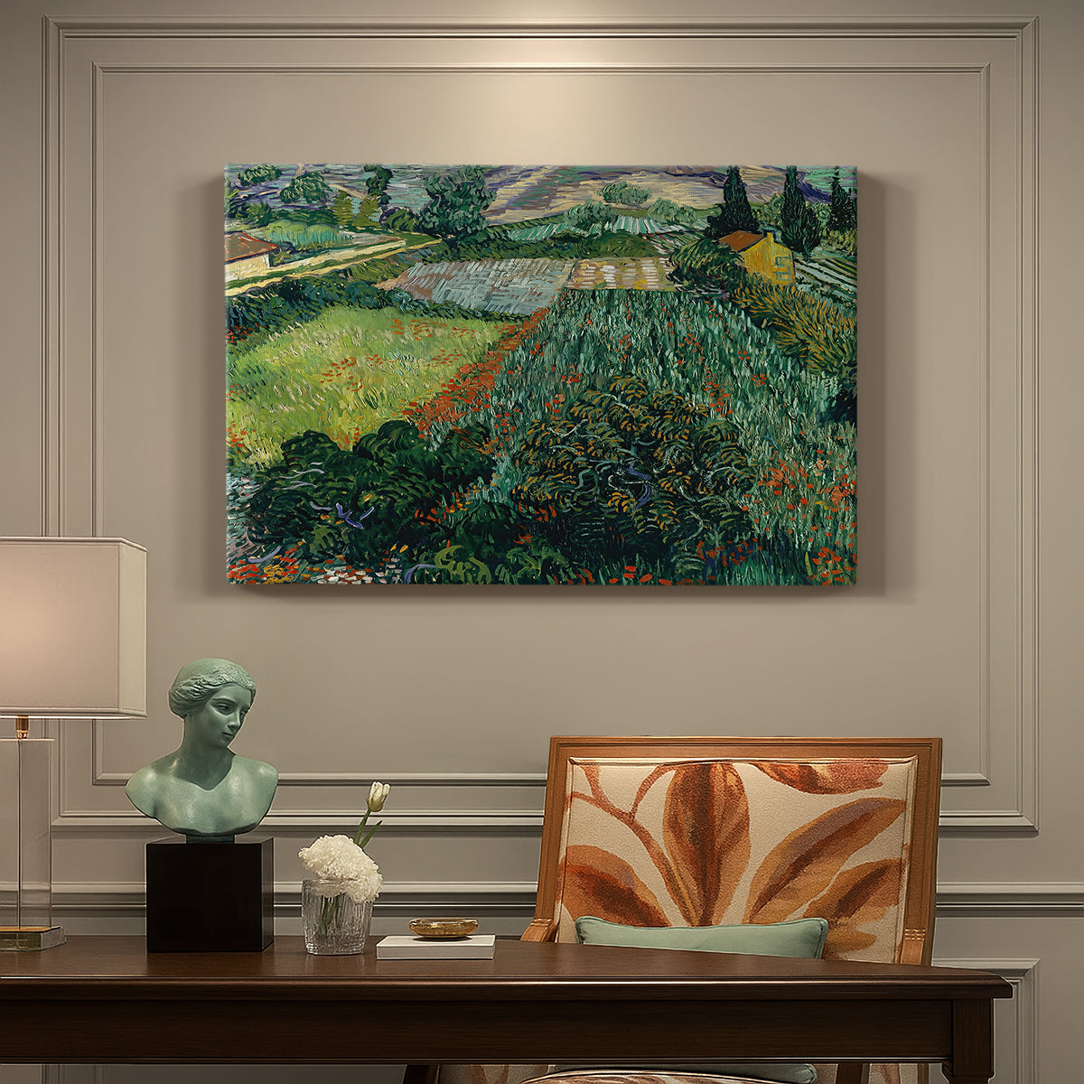 Canvas art print featuring a field dotted with red poppies under bright sky and rolling terrain, presented within a refined interior setting