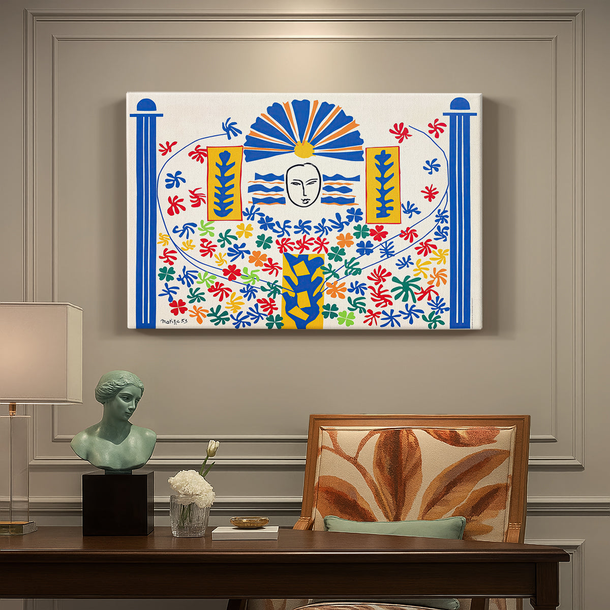 Canvas art print featuring an abstract geometric composition with stylized human and decorative elements, presented within a refined interior setting