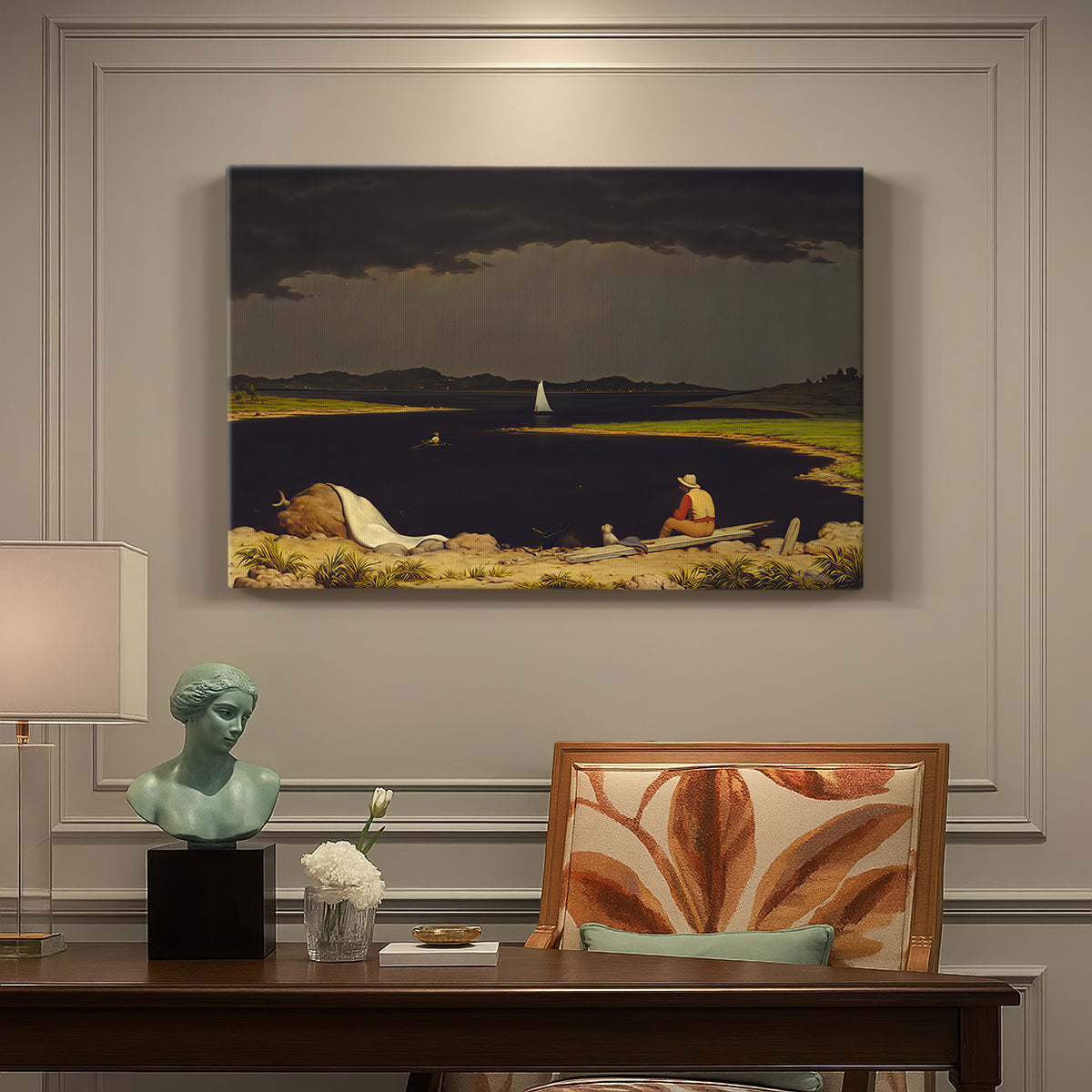 Canvas art print featuring dark storm clouds gathering over landscape horizon, presented within a refined interior setting