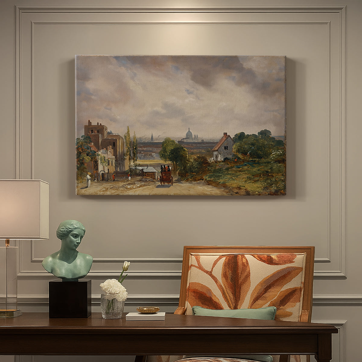 Canvas art print featuring a small cottage among trees in rural setting, presented within a refined interior setting