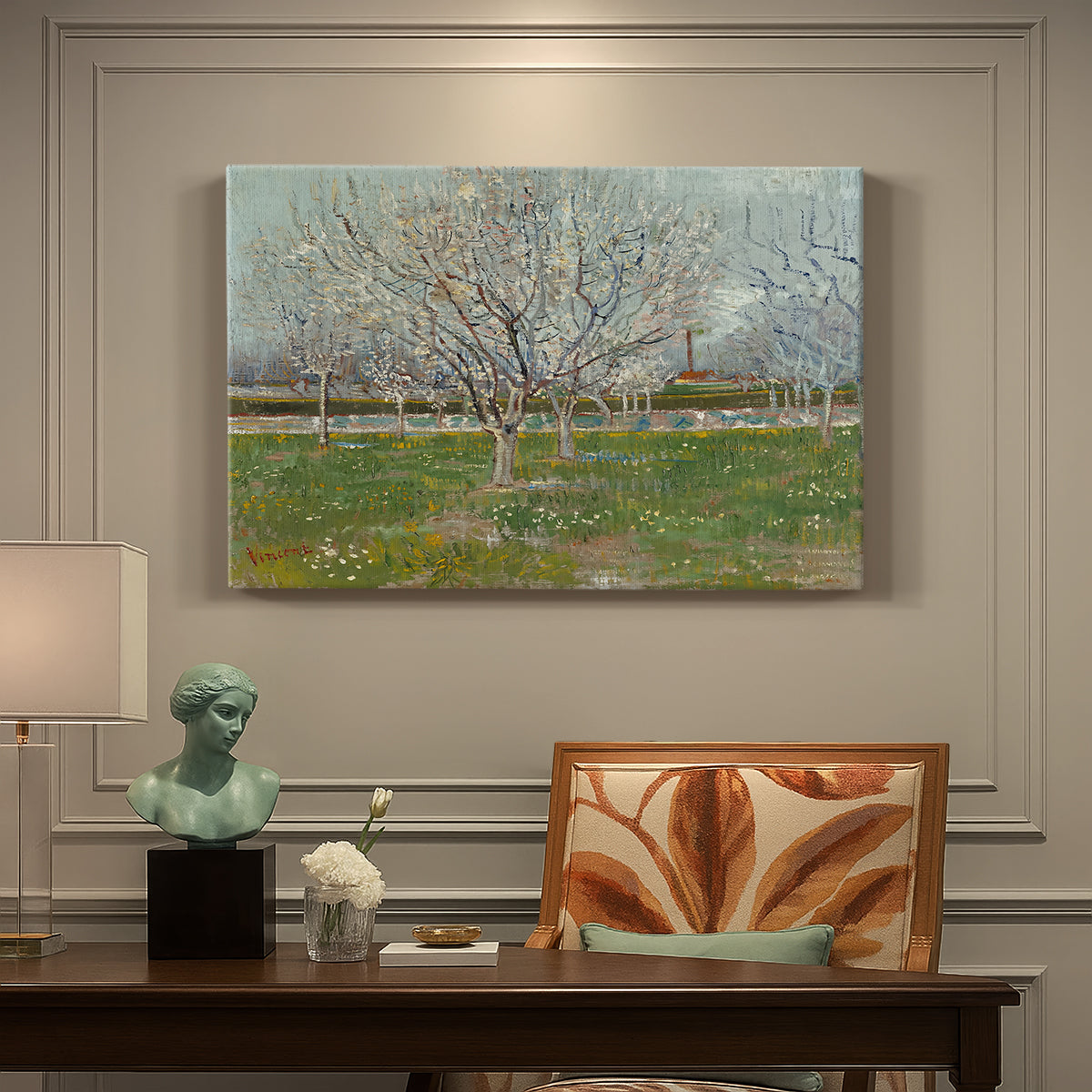 Canvas art print featuring evenly spaced trees covered in blossoms across flat orchard landscape, presented within a refined interior setting
