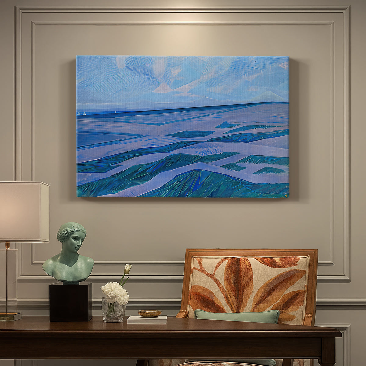 Canvas art print featuring coastal dunes and water in horizontal color bands, presented within a refined interior setting