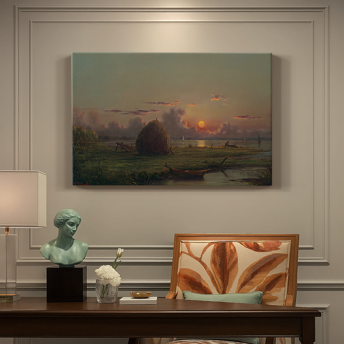 Canvas art print featuring a haystack in field under warm sunset sky, presented within a refined interior setting