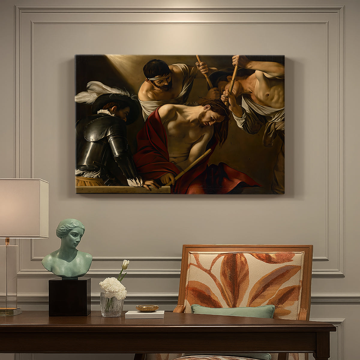 Canvas art print featuring Christ surrounded by men pressing crown of thorns onto his head, presented within a refined interior setting