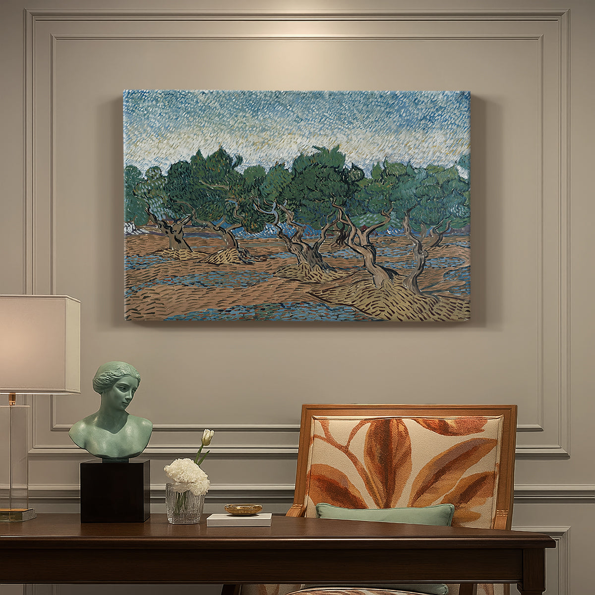 Canvas art print featuring twisting olive trees set within rolling landscape under vibrant sky, presented within a refined interior setting