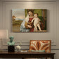 Canvas art print featuring Madonna seated outdoors holding child beside dark tree and open sky, presented within a refined interior setting