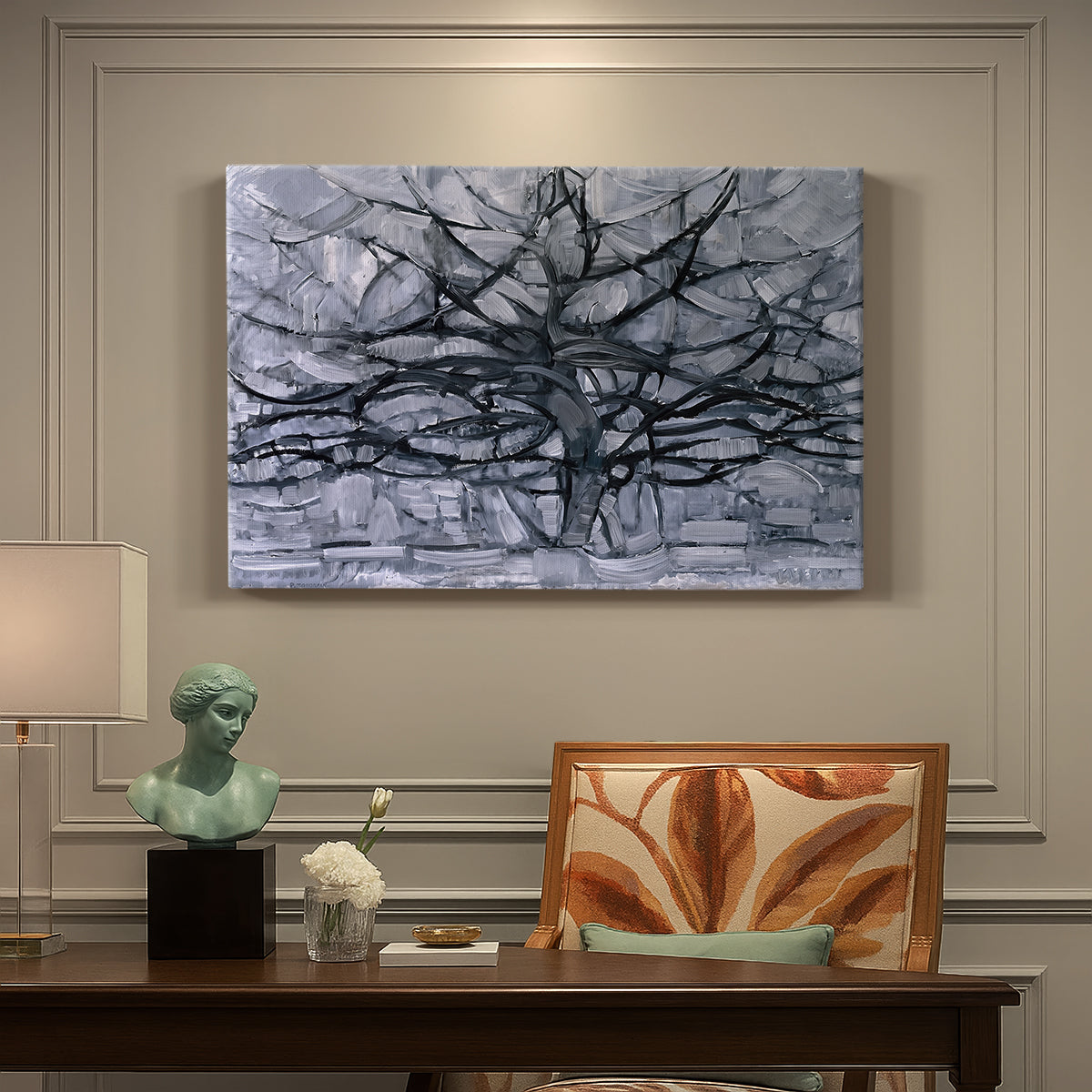 Canvas art print featuring a branching tree reduced to dark lines, presented within a refined interior setting
