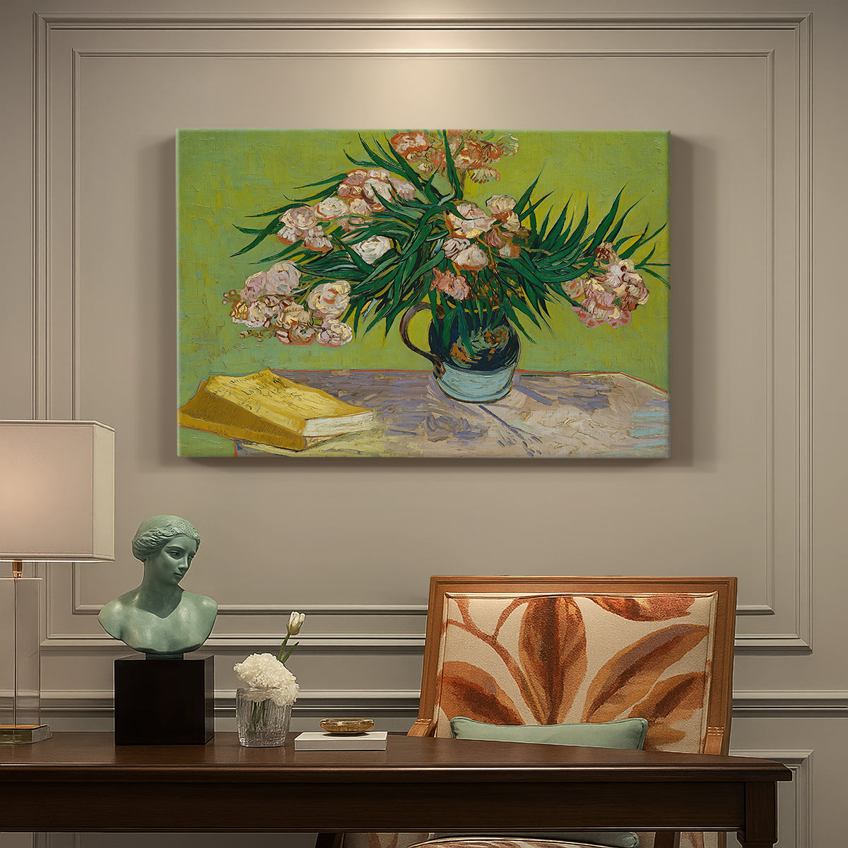 Canvas art print featuring a still life with vase of oleanders placed beside stacked books, presented within a refined interior setting