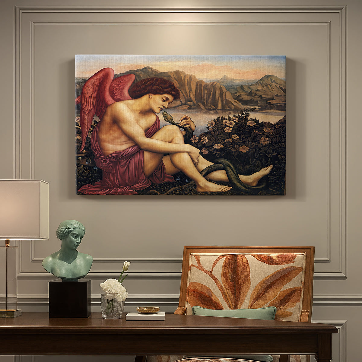 Canvas art print featuring an angelic figure confronting serpent in symbolic battle of good and evil, presented within a refined interior setting