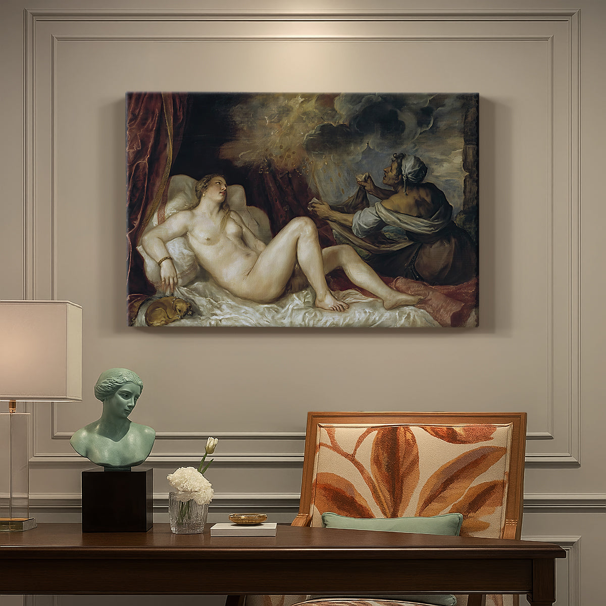 Canvas art print featuring a reclining nude woman on bed in mythological interior scene, presented within a refined interior setting